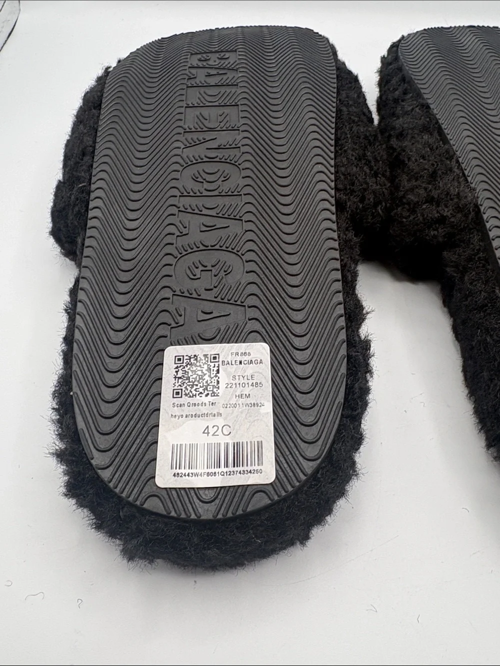 Balenciaga Black Faux Shearling Slides with Red & White Accent